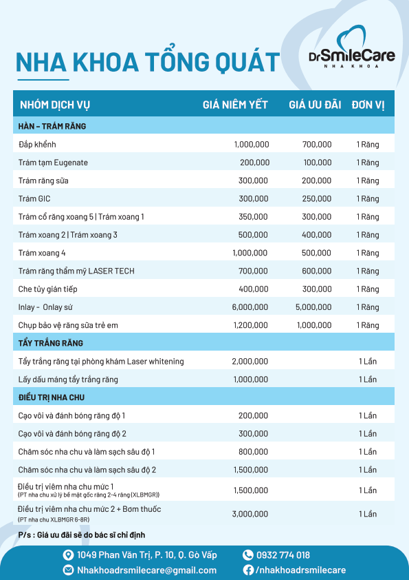 CẬP NHẬT BẢNG GIÁ MỚI NHẤT CÁC DỊCH VỤ TẠI NHA KHOA DR.SMILECARE