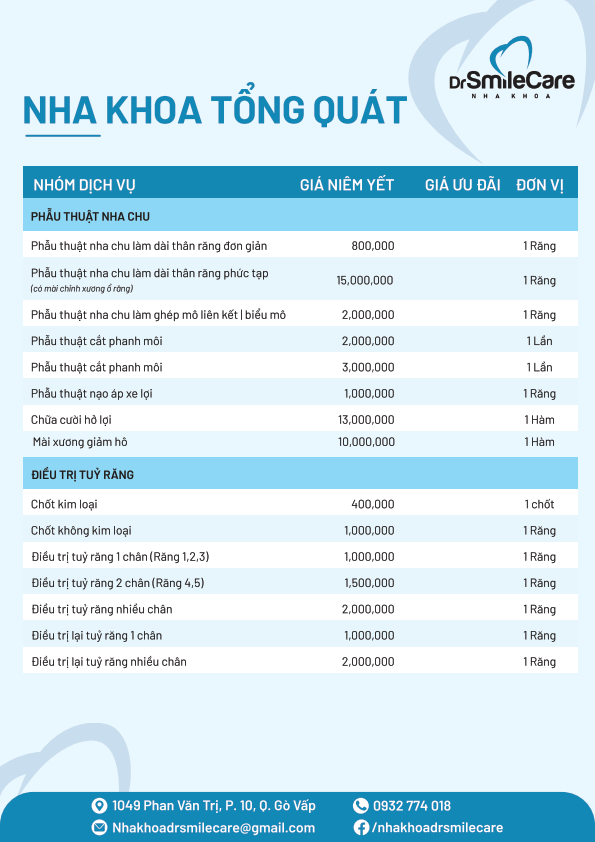 CẬP NHẬT BẢNG GIÁ MỚI NHẤT CÁC DỊCH VỤ TẠI NHA KHOA DR.SMILECARE