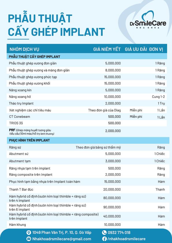 CẬP NHẬT BẢNG GIÁ MỚI NHẤT CÁC DỊCH VỤ TẠI NHA KHOA DR.SMILECARE