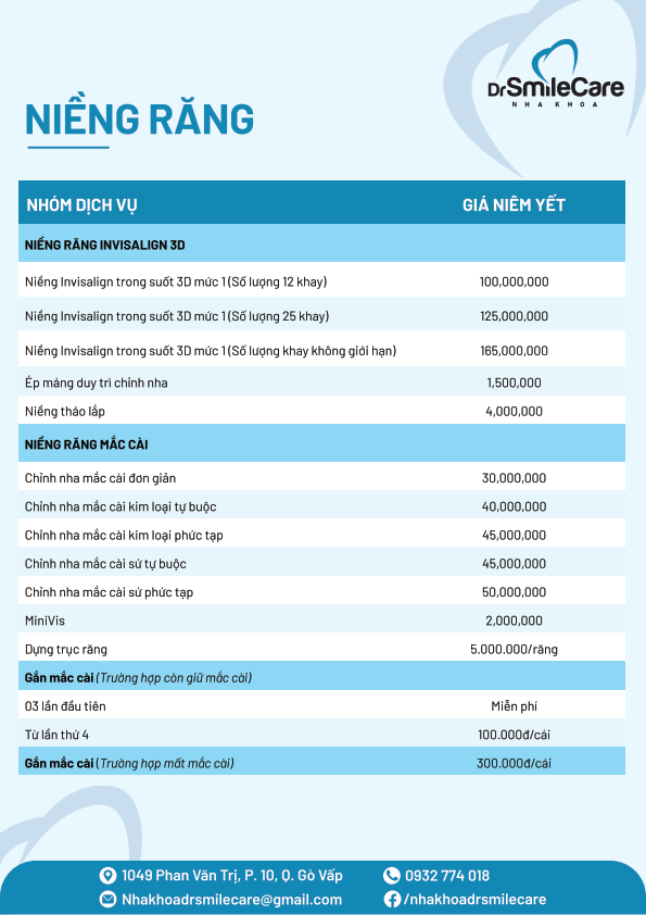 CẬP NHẬT BẢNG GIÁ MỚI NHẤT CÁC DỊCH VỤ TẠI NHA KHOA DR.SMILECARE