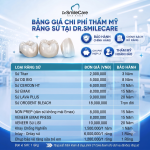 BẢNG GIÁ NHA KHOA DR.SMILECARE 2026: BẢNG GIÁ IMPANT MỚI NHẤT 2 Bảng giá chi phí Răng Sứ thẩm mỹ tại Dr.SmileCare