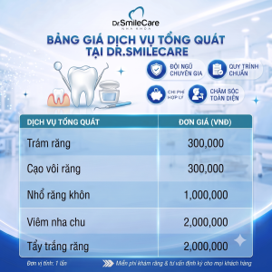 BẢNG GIÁ NHA KHOA DR.SMILECARE 2026: BẢNG GIÁ IMPANT MỚI NHẤT 3 Bảng giá dịch vụ Tổng quát tại Dr.SmileCare